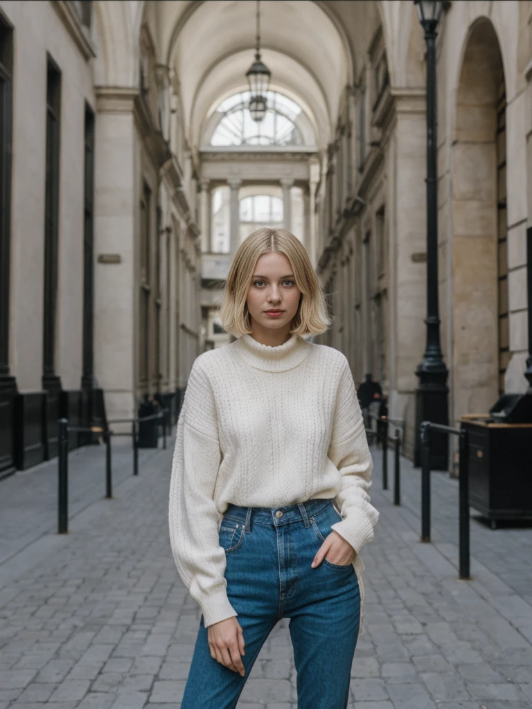 her name is Amelie, high quality, 1girl, ((25-year-old fit Caucasian woman)), ((25 years old)), ((SLIM)), ((short blonde hair)), pose: standing, wearing Contemporary Generation-Z modern wear pastel colored, BACKGROUND: Exploring the vibrant Grand Place, with its stunning medieval guildhalls and bustling atmosphere.