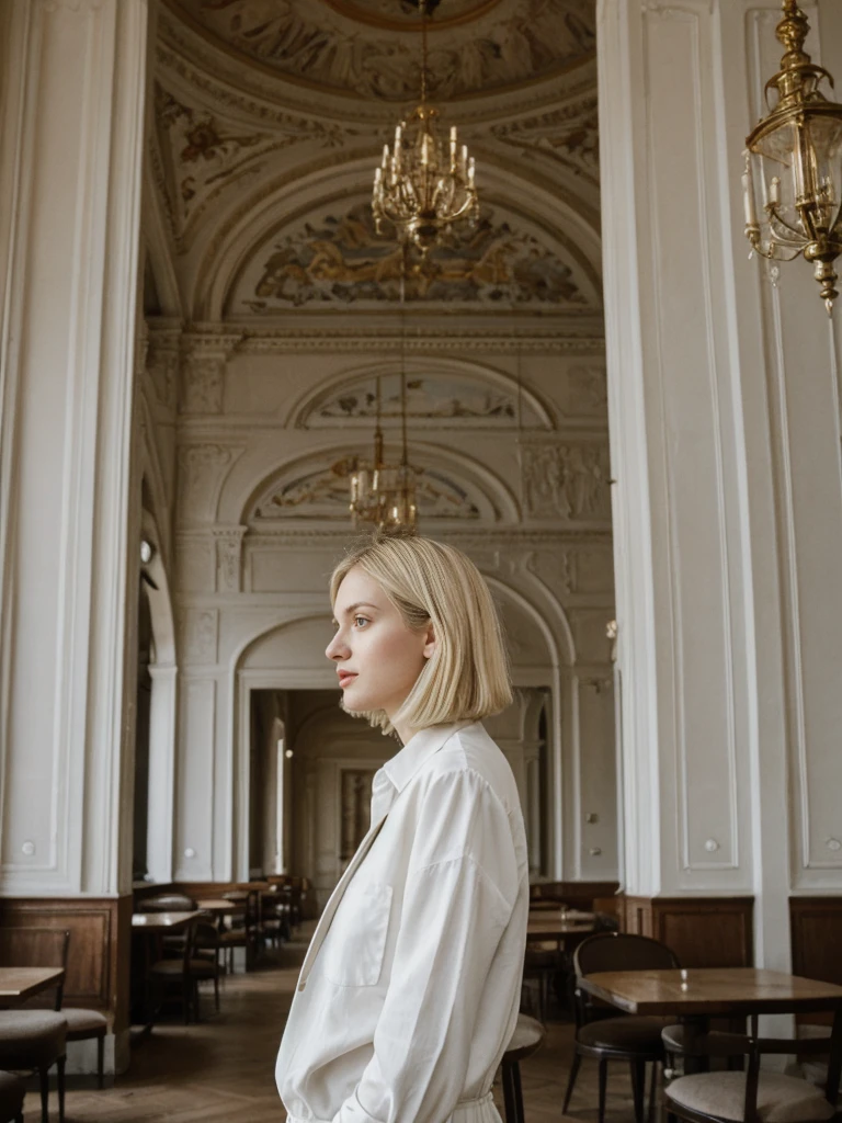 her name is Amelie, high quality, 1girl, ((25-year-old fit Caucasian woman)), ((25 years old)), ((SLIM)), ((French Bob BLONDE HAIR)), pose: standing, wearing Exclusive Fashion-forward Generation-Z modern wear different colored, BACKGROUND:"Grew up in the cultural heart of Vienna, surrounded by imperial palaces, classical music venues, and charming coffeehouses."