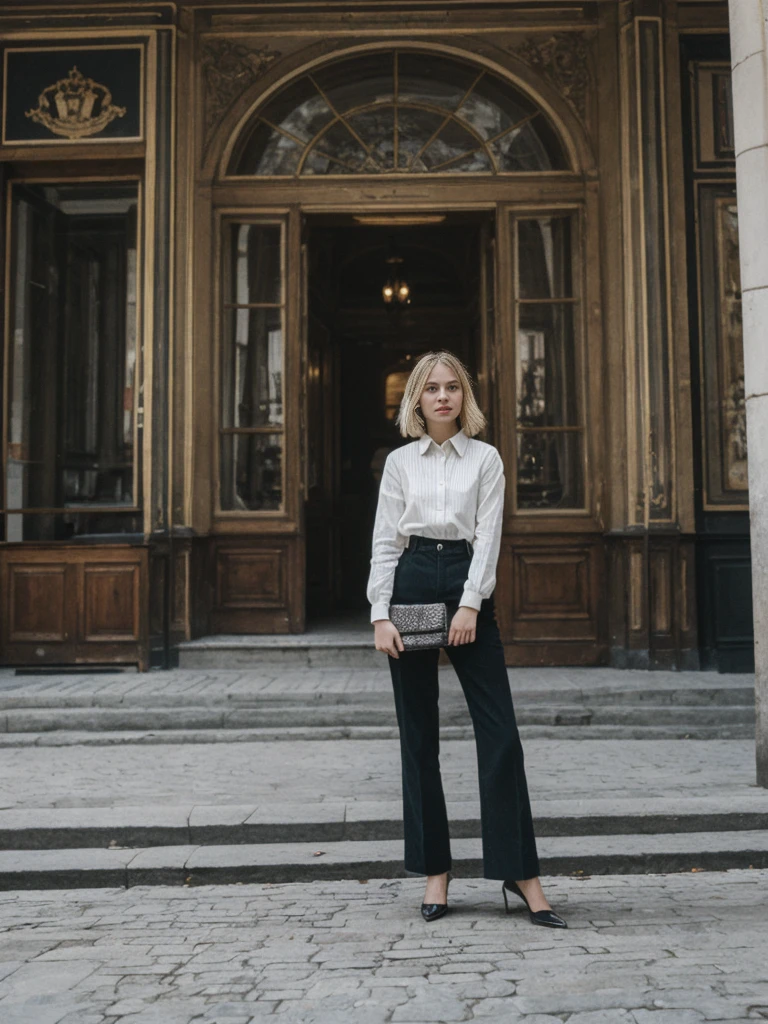 her name is Amelie, high quality, 1girl, ((25-year-old fit Caucasian woman)), ((25 years old)), ((SLIM)), ((French Bob BLONDE HAIR)), pose: standing, wearing Exclusive Fashion-forward Generation-Z modern wear different colored, BACKGROUND:"Grew up in the cultural heart of Vienna, surrounded by imperial palaces, classical music venues, and charming coffeehouses."