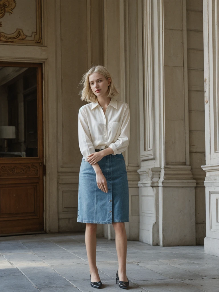 her name is Amelie, high quality, 1girl, ((25-year-old fit Caucasian woman)), ((25 years old)), ((SLIM)), ((French Bob BLONDE HAIR)), pose: standing, wearing Exclusive Fashion-forward Generation-Z modern wear different colored, BACKGROUND:"Grew up in the cultural heart of Vienna, surrounded by imperial palaces, classical music venues, and charming coffeehouses."