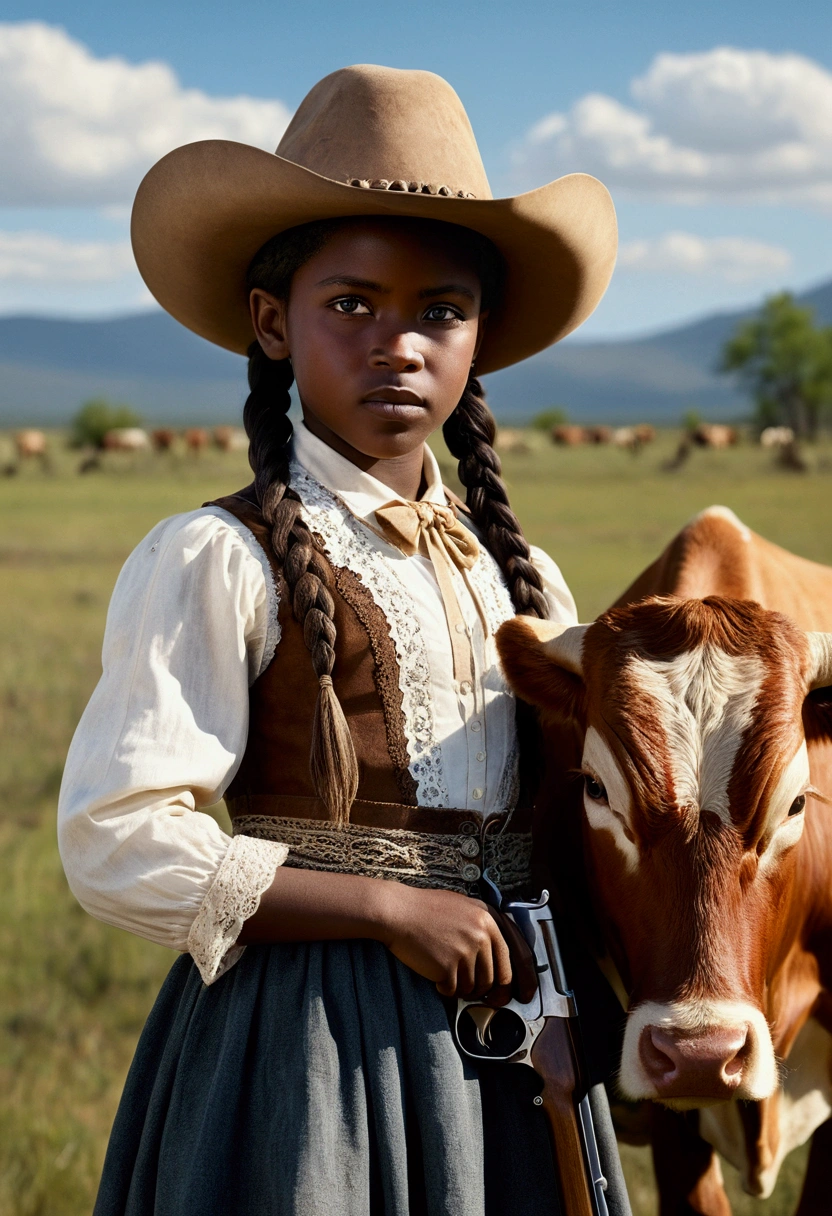 creative western film cover style old photograph with a young African girl aged 9, long braided hair, darkskin, western film character, she is lassoing a calf in the field, she has a bow, com olhos castanhos, 精致的面容, she is wearing a hat and is in a saloom, she's holding a winchester rifle, ultra realist, meticulously detailed, wearing period clothes with white lace.The image is an old western film cover. many oxen and cows
