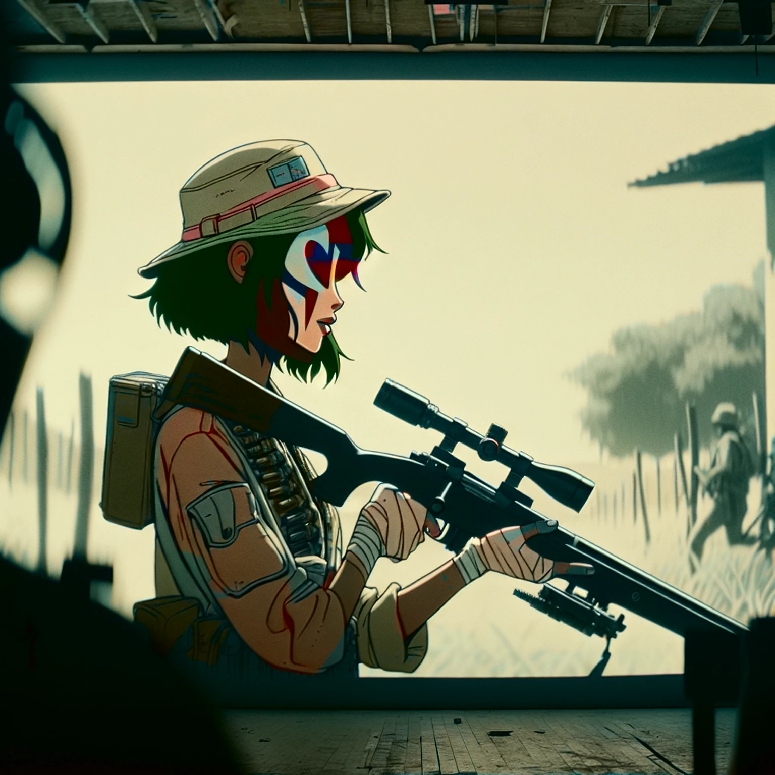 heat, haze, mirage, refraction, hallucination, apparition, unsettling, overwhelming, tank girl, film screengrab, minimal, serene, perfect, strange, candid, cinematic, tank girl with sniper rifle, realism, photographed, timeless, blank canvas, nuanced, clearly cartoon distinct tank girl style aesthetics,