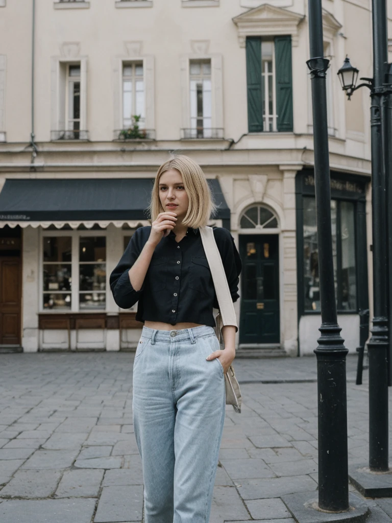 her name is Amelie, high quality, 1girl, ((25-year-old fit Caucasian woman)), ((25 years old)), ((SLIM)), ((French Bob BLONDE HAIR)), pose: standing, wearing Exclusive Fashion-forward Generation-Z modern wear different colored, BACKGROUND:"Grew up in the cultural heart of Vienna, surrounded by imperial palaces, classical music venues, and charming coffeehouses."