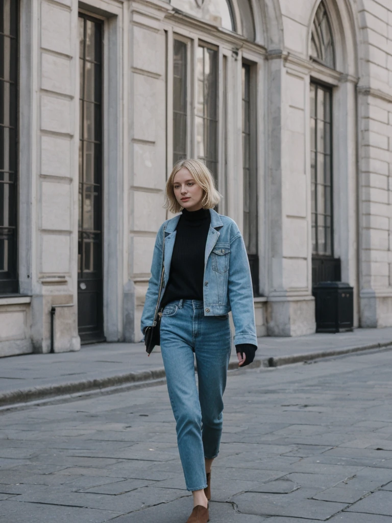 her name is Amelie, high quality, 1girl, ((25-year-old fit Caucasian woman)), ((25 years old)), ((SLIM)), ((French Bob BLONDE HAIR)), pose: standing, wearing Exclusive Fashion-forward Generation-Z modern wear different colored, BACKGROUND:"Grew up in the cultural heart of Vienna, surrounded by imperial palaces, classical music venues, and charming coffeehouses."