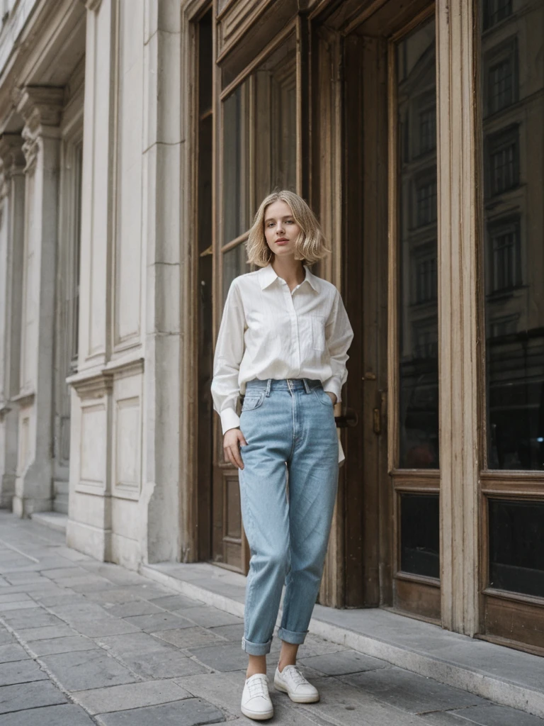 her name is Amelie, high quality, 1girl, ((25-year-old fit Caucasian woman)), ((25 years old)), ((SLIM)), ((French Bob BLONDE HAIR)), pose: standing, wearing Exclusive Fashion-forward Generation-Z modern wear different colored, BACKGROUND:"Grew up in the cultural heart of Vienna, surrounded by imperial palaces, classical music venues, and charming coffeehouses."