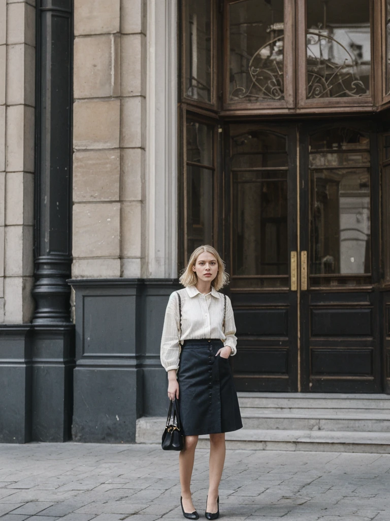 her name is Amelie, high quality, 1girl, ((25-year-old fit Caucasian woman)), ((25 years old)), ((SLIM)), ((French Bob BLONDE HAIR)), pose: standing, wearing Exclusive Fashion-forward Generation-Z modern wear different colored, BACKGROUND:"Grew up in the cultural heart of Vienna, surrounded by imperial palaces, classical music venues, and charming coffeehouses."