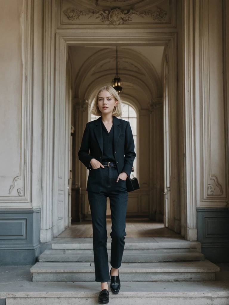 her name is Amelie, high quality, 1girl, ((25-year-old fit Caucasian woman)), ((25 years old)), ((SLIM)), ((French Bob BLONDE HAIR)), pose: standing, wearing Exclusive Fashion-forward Generation-Z modern wear different colored, BACKGROUND:"Grew up in the cultural heart of Vienna, surrounded by imperial palaces, classical music venues, and charming coffeehouses."