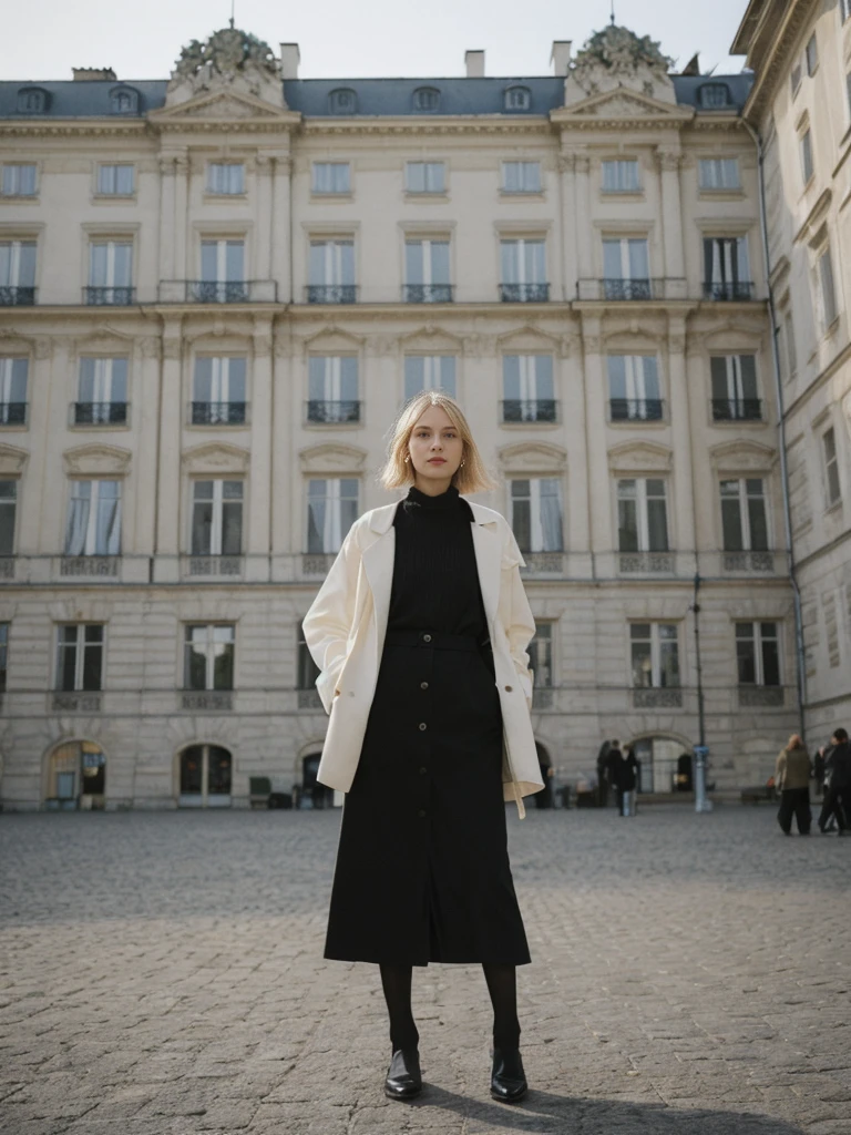 her name is Amelie, high quality, 1girl, ((25-year-old fit Caucasian woman)), ((25 years old)), ((SLIM)), ((French Bob BLONDE HAIR)), pose: standing, wearing Exclusive Fashion-forward Generation-Z modern wear different colored, BACKGROUND:"Grew up in the cultural heart of Vienna, surrounded by imperial palaces, classical music venues, and charming coffeehouses."