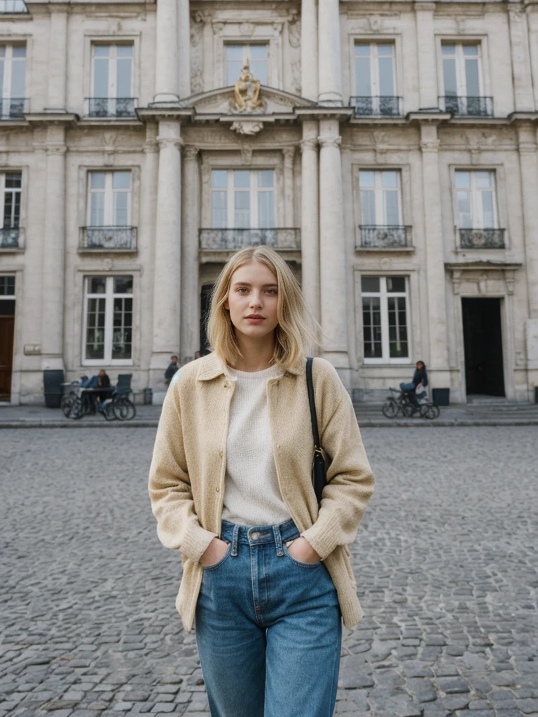 her name is Amelie, high quality, 1girl, ((25-year-old fit Caucasian woman)), ((25 years old)), ((SLIM)), ((French Bob BLONDE HAIR)), pose: standing, wearing Exclusive Fashion-forward Generation-Z modern wear different colored, BACKGROUND:"Grew up in the cultural heart of Vienna, surrounded by imperial palaces, classical music venues, and charming coffeehouses."