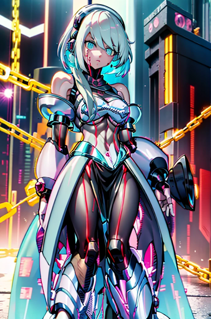 Android Girl,white hair,short and messy hair, purple neon eyes, Holding a chain whip,chains on the hands,chains action, chains around her arm, very cute, skirt, white blouse, cyberpunk theme