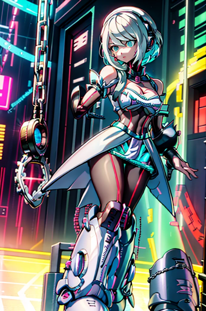 Android Girl,white hair,short and messy hair, purple neon eyes, Holding a chain whip,chains on the hands,chains action, chains around her arm, very cute, skirt, white blouse, cyberpunk theme