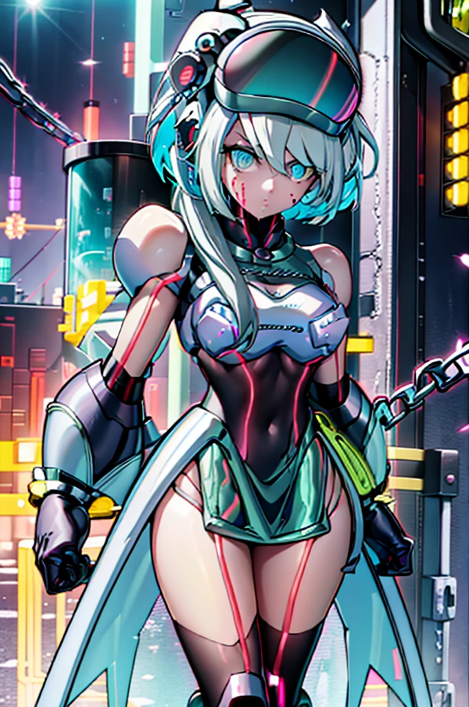 Android Girl,white hair,short and messy hair, purple neon eyes, Holding a chain whip,chains on the hands,chains action, chains around her arm, very cute, skirt, white blouse, cyberpunk theme