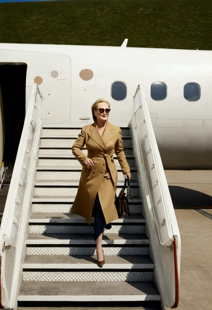 A woman meryl streep descends a staircase, holding her heels in her hand, while a plane waits on the runway. The woman, dressed in a tan coat and sunglasses, appears to be in mid-stride, carrying her heels as she steps down the white staircase. The plane, painted in white, is visible through the staircase's railing. The runway stretches out beneath the plane, with a wall and some greenery in the background. The woman seems to be walking towards the plane, perhaps preparing for a journey.