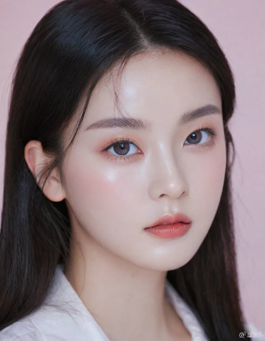 ultra wide shoot, front photo, elegant woman, (Photorealsitic)、(intricate detailes:1.2)、(masterpiece、:1.3)、beauty face, (top-quality:1.4)、(超A high resolution:1.2)、超A high resolution、(A detailed eye)、(detailed facial features), ((Realistic lighting、top-quality、8K、natural light, masterpiece:1.3))、bright photo, Clear focus:1.2、1girl in、flawless beauty:1.4、Superfine Face、big Narrow-eyed、double eyelid、photos realistic, perfect eyes, perfect skin, detailed skin, detailed face, looking viewer, front view, potrait, raw photo, simple soft pink background, (intricate detailed skin textured:1.4) front view, looking viewer, clear face, 1 girl、porate、Bright and very beautiful face、beautiful girl, A stunning close-up portrait showcasing the beauty of a Korean model. The composition features soft, natural lighting , bright eyes, and striking cheekbones. Her glossy, The background is simply white background, wear black sweetshirt, neat hair, long hair, instagram model, profil picture, bright and natural