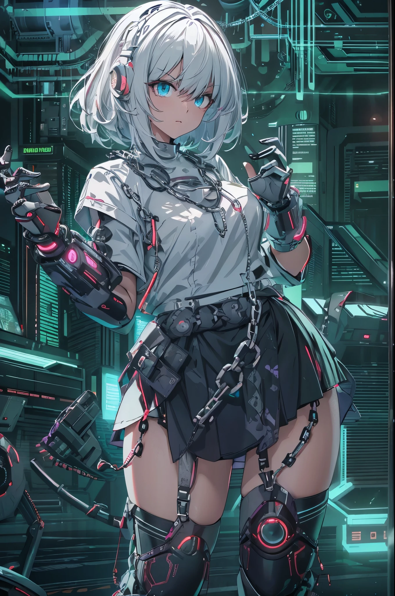 Android Girl,white hair,short and messy hair, purple neon eyes, Holding a chain whip,chains on the hands,chains action, chains around her arm, very cute, skirt, white blouse, cyberpunk style, eletronic gloves, mecanic parts, eletronic details,living room background.HD lighting and dark )(epic image quality) dark atmosphere with bright particle light(many effects in background), dinamic shot, robot, neon tweaks, cyberpunk theme