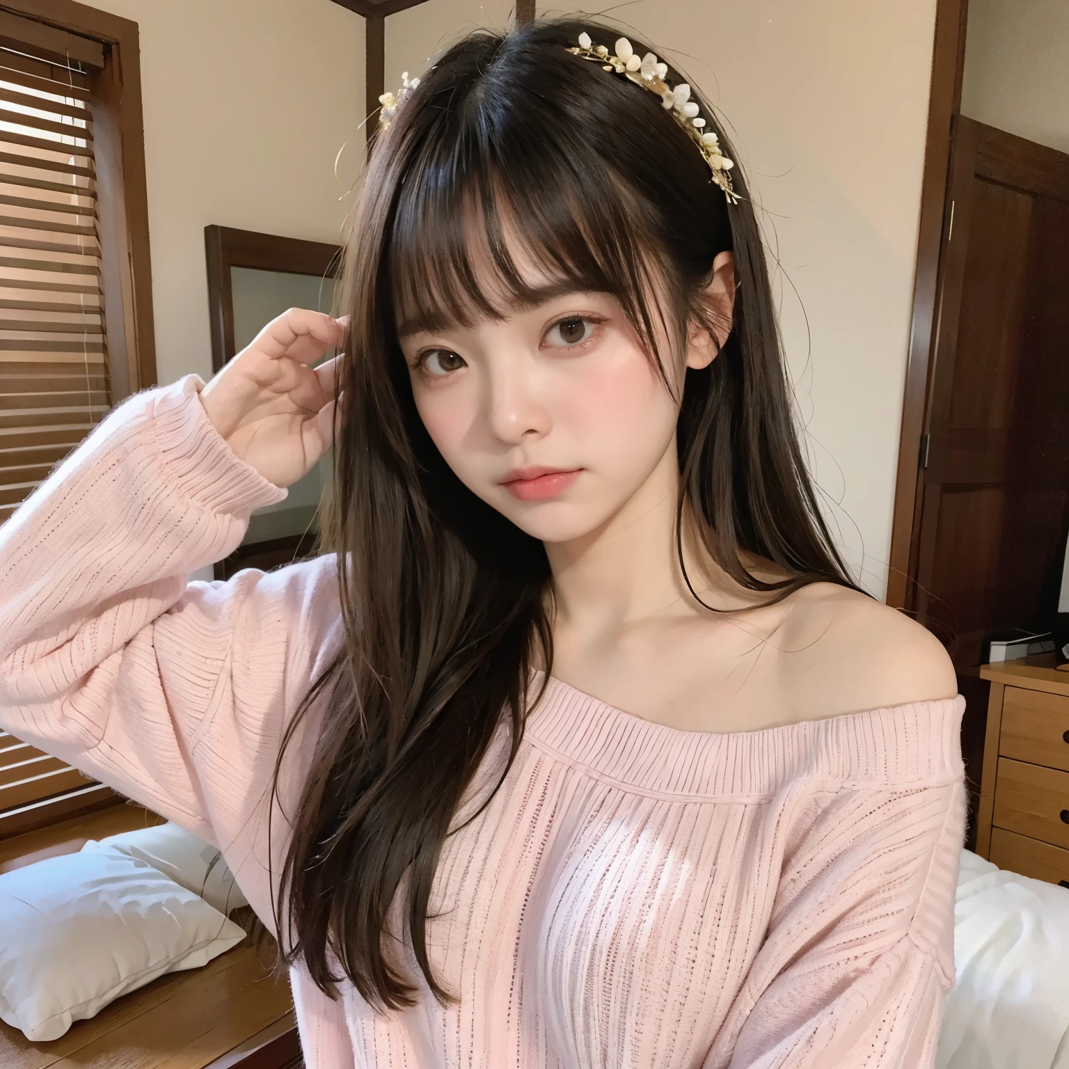 Random pose、Highest quality、Ultra-high resolution、(Photorealistic:1.5)、1 girl、sweater、(Long-haired:1.2)、(Big Breasts:1.2)、ryokan、View your viewers、Close-up、Whole Body Ezbian、Bad Eyes、Embarrassed face