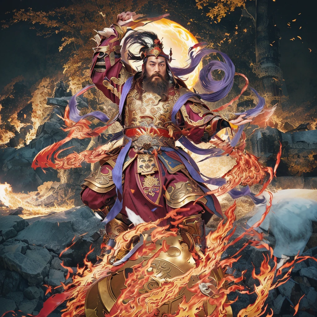 a fierce warrior, holding a sword, fire, asura from chinese myth, maroon beard and hair, purple deity ribbon, standing on huge golden wheel, 3 eyes, ancient chinese armour, taoist priest, taoist master, small crown,   realistic fire