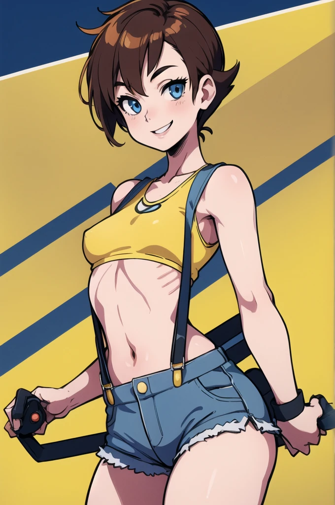 ((masterpiece,best quality)), absurdres, Misty_Pokemon, small breasts, blue eyes, yellow crop top, suspenders, solo, smiling, looking at viewer, cowboy shot, cinematic composition, dynamic pose