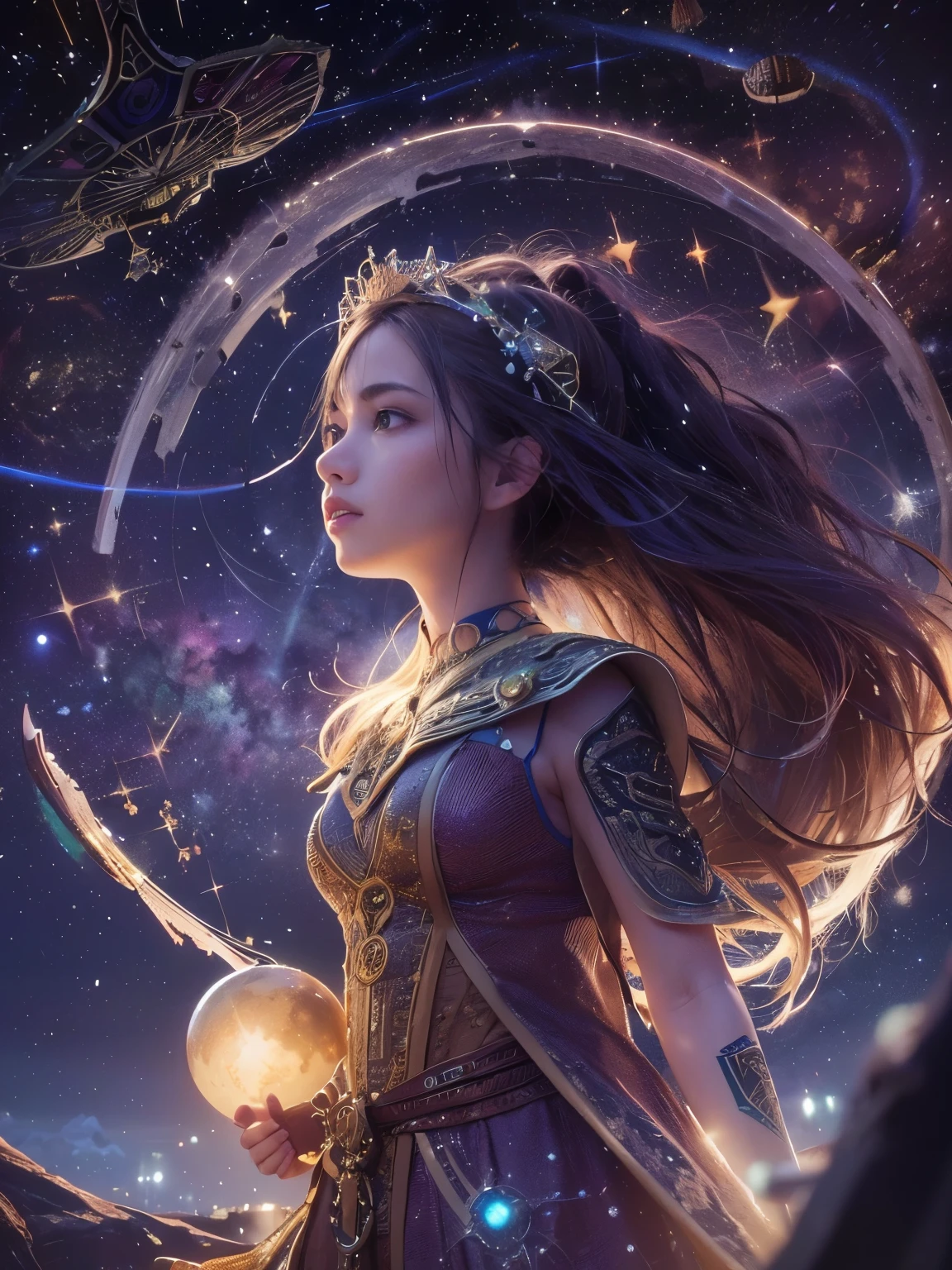 Starry Eyed Seraphine from League of Legends by Riot Games: Seraphine in her Starry Eyed skin, massive k-cups,dressed in a celestial-themed outfit with star motifs and flowing fabrics, performing on a cosmic stage with planets and galaxies as her backdrop, sending out waves of cosmic energy with her music.