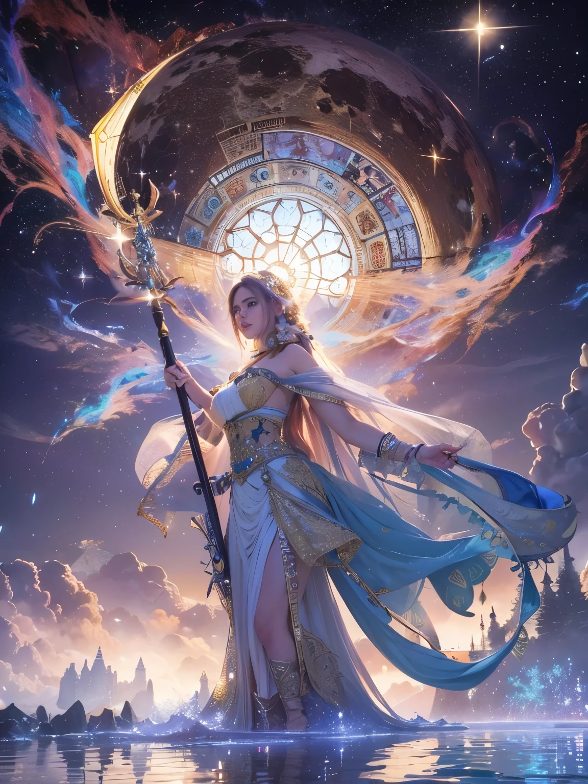 A powerful female protagonist on a floating island under a night sky filled with glowing ethereal clouds, shimmering stars, constellations, distant galaxies, and a colossal moon. She holds a staff with a glowing crystal, exuding cosmic energy. Her face is detailed and her dress elaborately designed. The scene is magical, otherworldly, and awe-inspiring. (best quality, 4k, 8k, highres, masterpiece:1.2), ultra-detailed, (realistic, photorealistic:1.37), HDR, UHD, studio lighting, ultra-fine painting, sharp focus, physically-based rendering, extreme detail, professional, vivid colors, bokeh, fantasy, cinematic lighting, dramatic.

