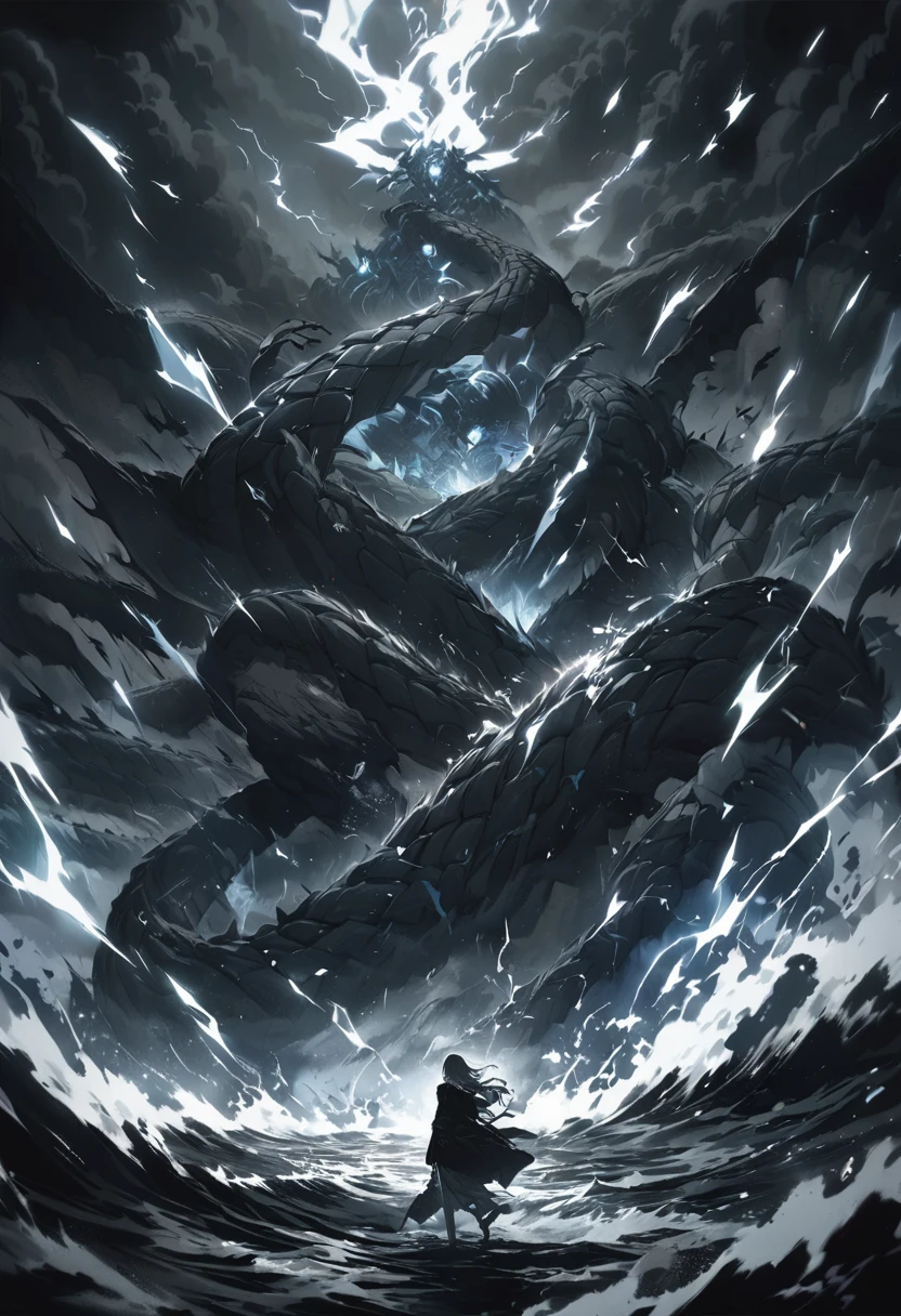 a giant eight-headed serpent, eight heads each breathing out elemental particles of fire, water, earth, wind, ice, lightning, poison, darkness, highly detailed, cinematic lighting, dramatic composition, muted color palette, dark moody atmosphere