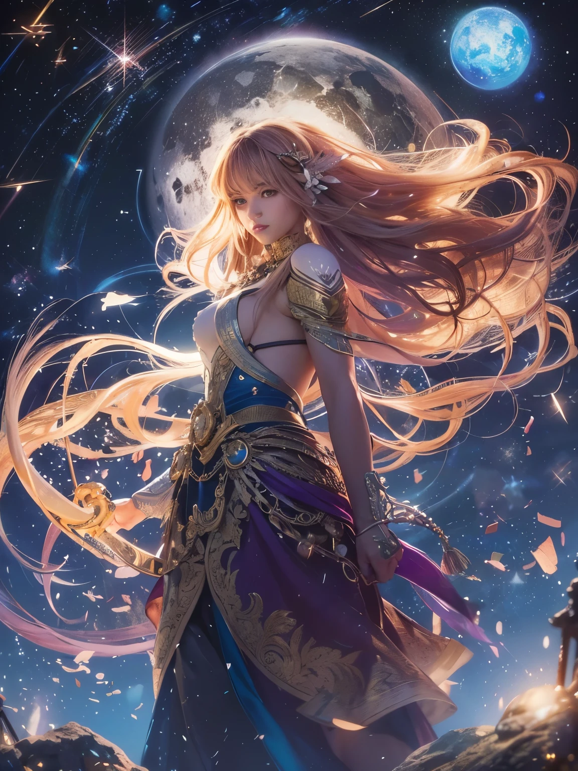 A powerful female protagonist on a floating island under a night sky filled with glowing ethereal clouds, shimmering stars, constellations, distant galaxies, and a colossal moon. She holds a staff with a glowing crystal, exuding cosmic energy. Her face is detailed and her dress elaborately designed. The scene is magical, otherworldly, and awe-inspiring. (best quality, 4k, 8k, highres, masterpiece:1.2), ultra-detailed, (realistic, photorealistic:1.37), HDR, UHD, studio lighting, ultra-fine painting, sharp focus, physically-based rendering, extreme detail, professional, vivid colors, bokeh, fantasy, cinematic lighting, dramatic.

