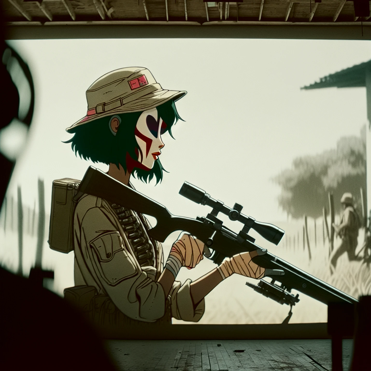heat, haze, mirage, refraction, hallucination, apparition, unsettling, overwhelming, tank girl, film screengrab, minimal, serene, perfect, strange, candid, cinematic, tank girl with sniper rifle, realism, photographed, timeless, blank canvas, nuanced, clearly cartoon distinct tank girl style aesthetics,
