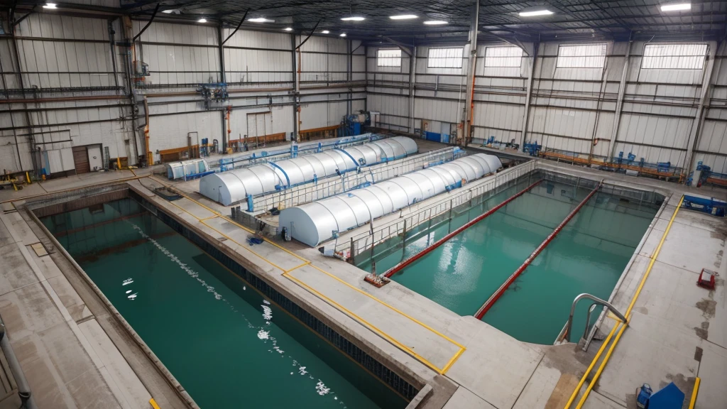 Aerial view of a large industrial plant,Workers are working in the factory, Wastewater treatment plants,Coarse grid room、 Water distribution well 、 Secondary sedimentation tank 、High efficiency sedimentation tank、Disinfection of fire water pool、Blower room、Deodorization system, etc.