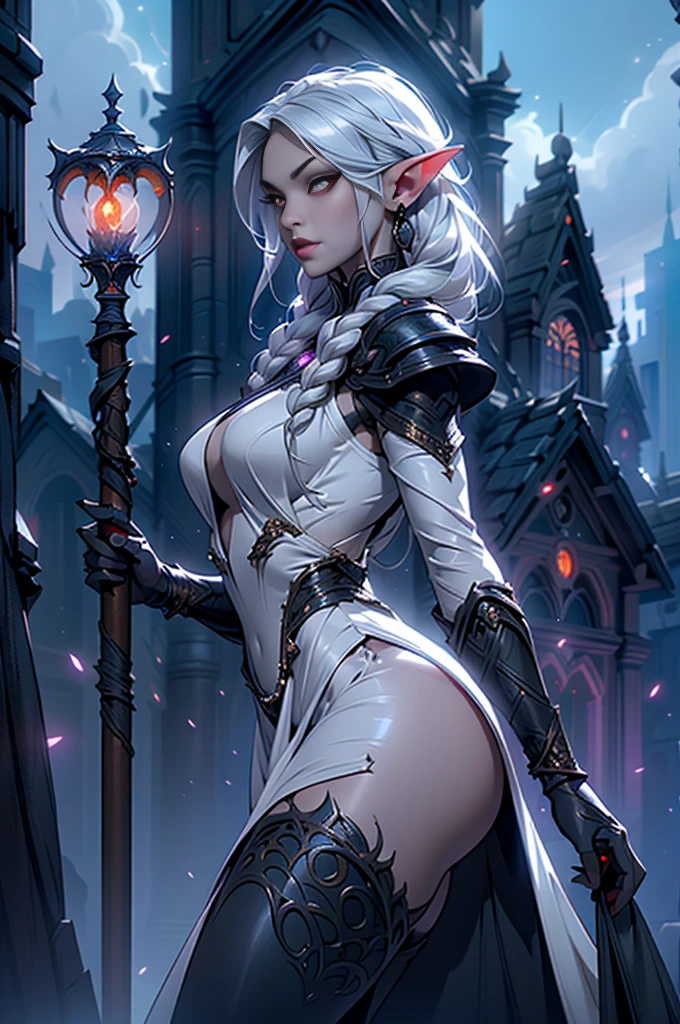 (rear view, backside view),1girl, sexy drow, elfa de peito grande morena skin, pale silver long elaborate braids, ((red eyes)), jewels, elf ears, earrings, ((white sorceress sexy dress)), ((wields staff)), ((cast light magic)), on a roof of scyscraper, athletic, volumetric lighting, best quality, masterpiece, realistic, anatomically correct, (strong cinematic lighting), stunning details, intricate details, 8k post-production, High resolution, super details, trending on ArtStation, sharp focus, depth of field f/1.8, studio photos, (((looking at camera))), ,(Fondo de ruinas de mazmorra en ruinas:1.4 ), (Detalles de la cara: 1.5, ojos azules brillantes, hermoso rostro, ojos bonitos, Contorno del iris, labios delgados: 1.5, Thin, sharp pale eyebrows, Long, dark eyelashes, double tabs),(Obra maestra: 1.4), (8K, realista, foto cruda, La mejor calidad: 1.4),manos perfectas: 1.5