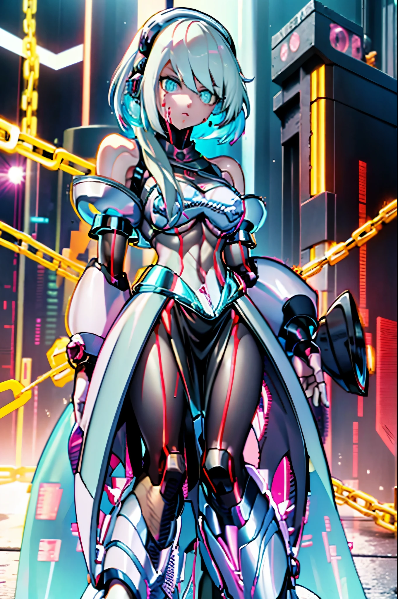 Android Girl,white hair,short and messy hair, purple neon eyes, Holding a chain whip,chains on the hands,chains action, chains around her arm, very cute, skirt, white blouse, cyberpunk theme