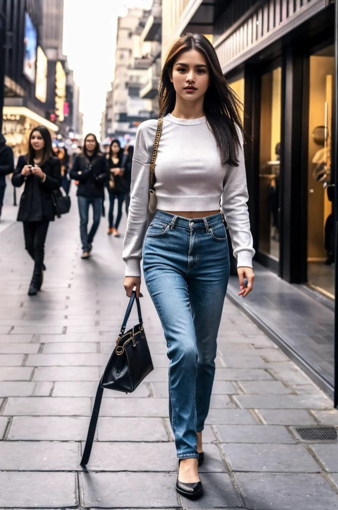 HDR, UHD, Masterpiece, ultra high quality, an ultra beautiful, very attractive influencer young adult female walking on the pavement of a crowded busy street wearing daily casual yet very sexy combination