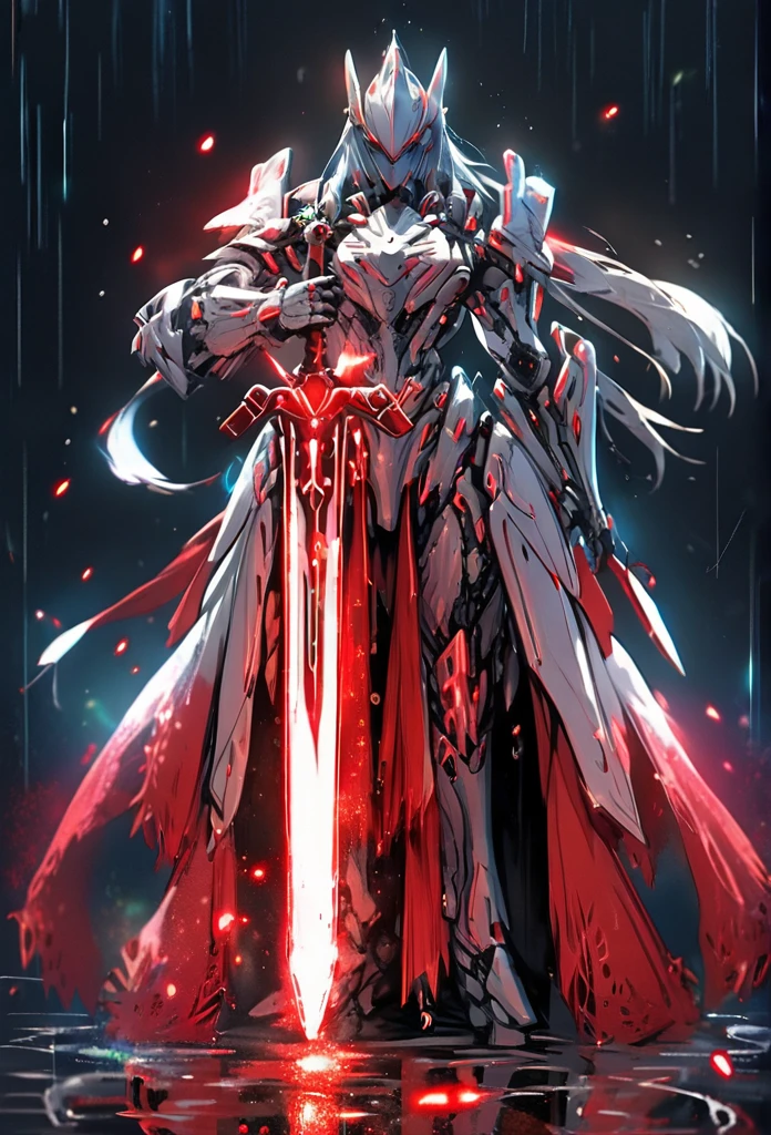 masterpiece, best quality,
1girl, armor, breastplate, faulds, full armor, full body, gauntlets, glowing, helmet, holding, holding sword, holding weapon, knight, long hair, pauldrons, planted, planted sword, rain, shoulder armor, solo, standing, sword, weapon
 