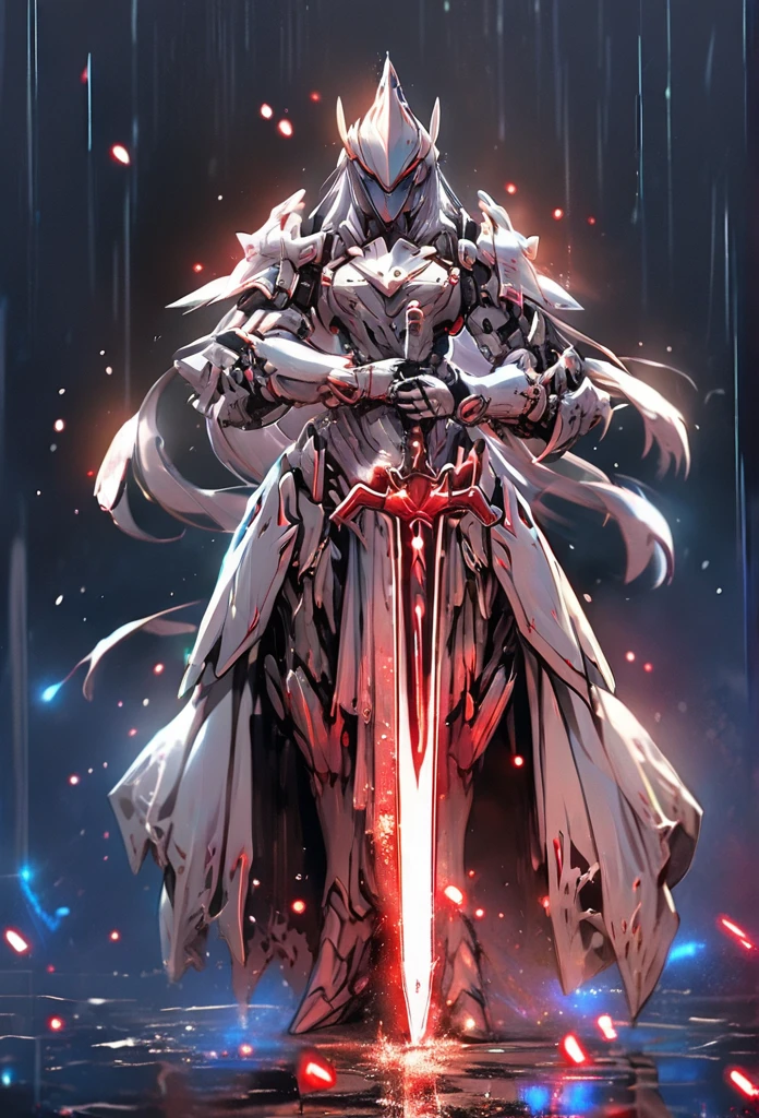 masterpiece, best quality,
1girl, armor, breastplate, faulds, full armor, full body, gauntlets, glowing, helmet, holding, holding sword, holding weapon, knight, long hair, pauldrons, planted, planted sword, rain, shoulder armor, solo, standing, sword, weapon
 