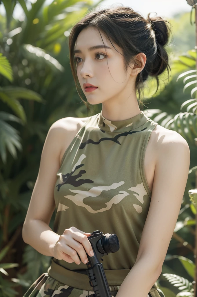 (Best Quality,4K,8K,hight resolution,masutepiece:1.2),Ultra-detailed,Realistic,Extremely detailed, Colorful tones,((Jungle Adventure:1.3)),Adventure cos