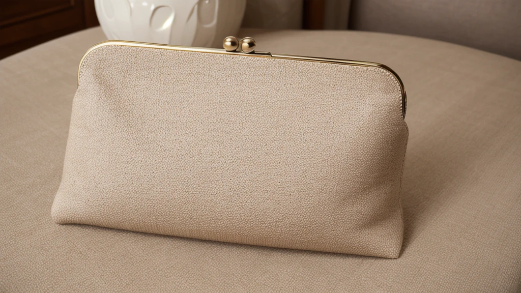 beige clutch, color natural, elegant style, worn by a woman with European features (by rubio, perfect skin), Full body photo, without showing head or feet (American photographic plan)((hyper realistic)), ((high-definition detailing)), full HD, angle with fujifilm camera, Sewing