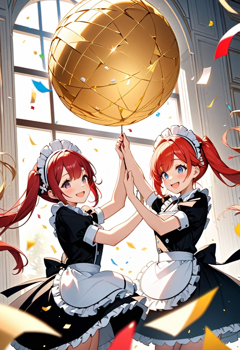 Two girls in maid outfits bursting a big Ball made of gold paper and enjoying it.The girls have red hair in twin tails.A maid's hair ornament on her head,She's wearing a cute maid outfit with black and white frills.In a room in a luxurious mansion, a large golden paper ball is hanging from the ceiling.(A girl pulls the string hanging from the paper ball breaking it open1.2).From the open ball came a white banner with the words congratulations.Another girl is jumping with her hands raised and smiling with joy.A lot of colorful confetti is coming out of the paper ball.High quality, high quality, 4k.8k.Ultra detail,CGI illustration.Vivid colors,