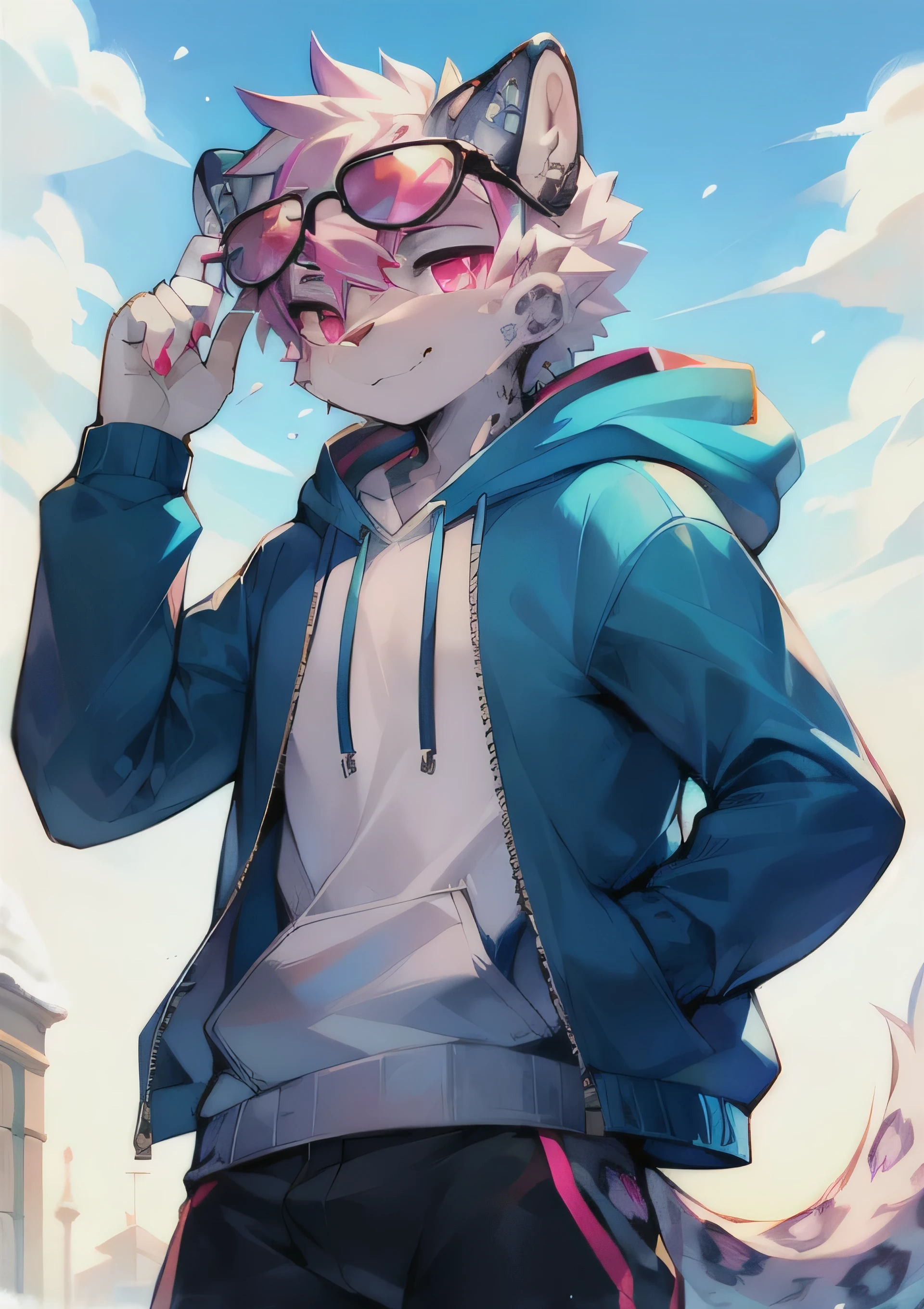 Snow leopard, anthro, male, blue hoodie, sunglasses, pink eyes, sunny day