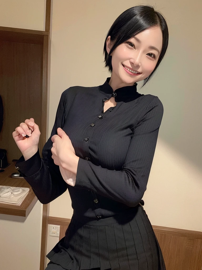 Highest quality、masterpiece、8k、Very detailed、Realistic、(One woman)、(Looking at me with a smile:1.5)、whole body、Black Hair、Small face、(Slender:1.2)、(Big Breasts)、(Erect nipples:1.2)、(A short-sleeved, tight-fitting black shirt with buttons and a collar:1.2)、(Short tight skirt:1.2)
