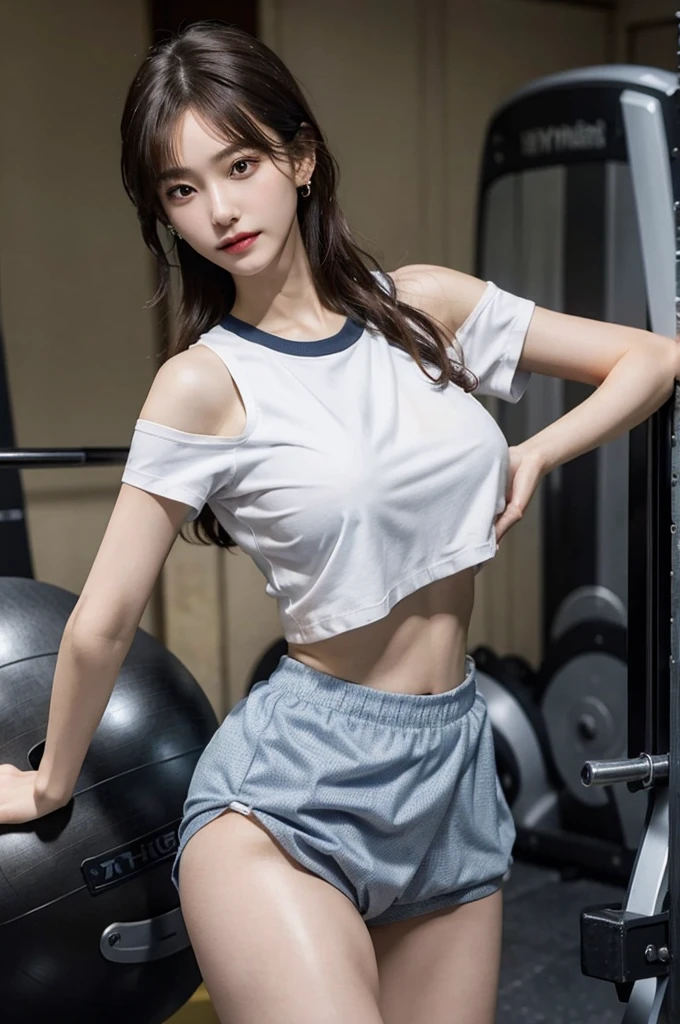 (very huge round breasts:1.5), (gym uniform:1.5), anatomically correct, extremely delicate and beautiful, masterpiece, Best Quality, ultra high resolution, 16k, hyperrealistic, ultra-detailed, Very detailed CG 8k wallpaper, Beautiful Lighting, Perfect Lightning, Realistic Shadows, super Detailed shiny skin, perfect figure, Japanese woman, late 20s, Slim body, Slim abdomen, very small head, handsome detailed woman, very detailed eyes and face, realistic face proportions, Stunning detailed eyes, Realistic beautiful face, very small face, Realistic small beautiful eyes, double eyelids, makeup, tearful mole, mole on chest, earring, short wavy hair, cleavage, bare legs, Soft midriff, Fine Collarbone, beautiful and very thin legs, beautiful and very thin thighs, off-shoulder, narrow waist,