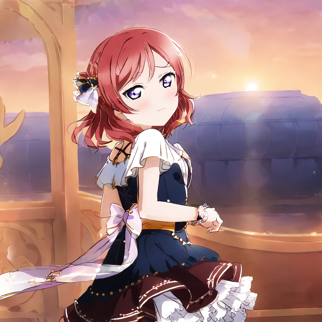 Maki Nishikino、Purple Eyes、Red Hair、Embarrassed face、Looking back、Arms are clasped behind back、sunset、cruising、dress、Sparkling