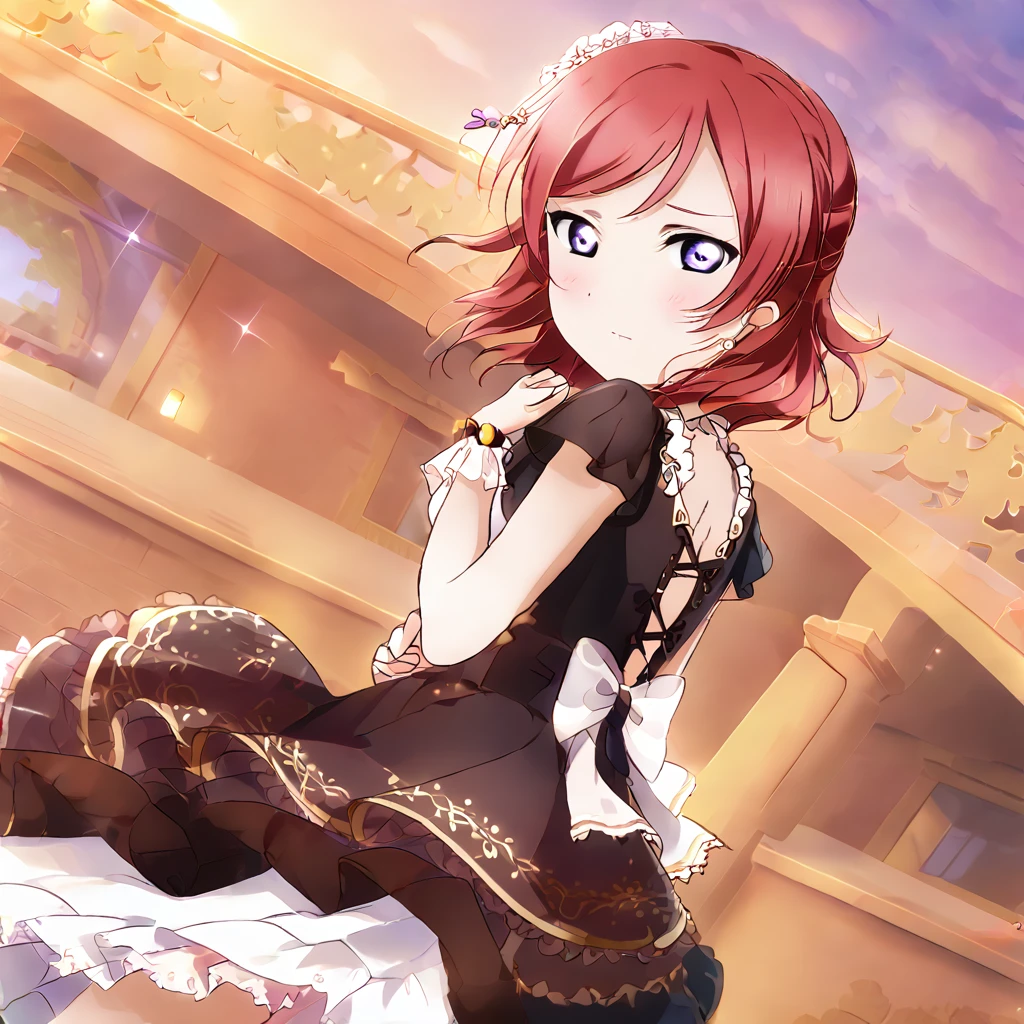 Maki Nishikino、Purple Eyes、Red Hair、Embarrassed face、Looking back、Arms are clasped behind back、sunset、cruising、dress、Sparkling