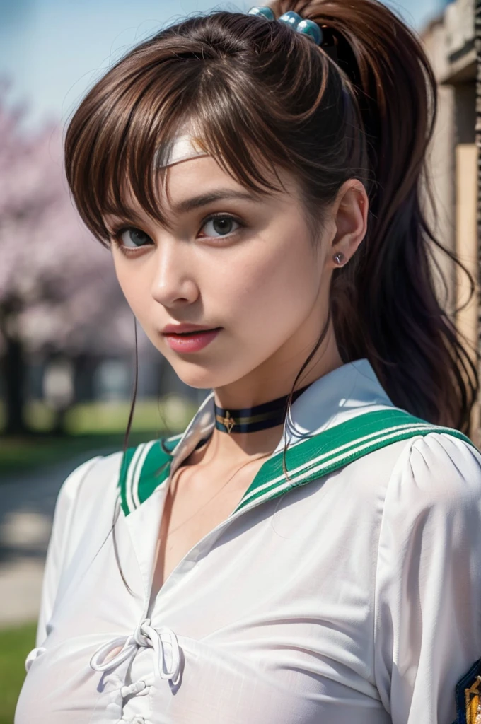 (masterpiece, Highest quality:1.4), (whole body:1.5), (Are standing:1.4), One girl, alone, Ham Jupiter, (Green Eyes), ponytail, (tiara:1.2), jewelry, (Sailor Warrior Uniform:1.5), Green sailor collar, choker, Elbow hand pockets, White gloves, Pink ribbon, brooch, White leotard, Green Skirt, Pleated skirt:1), Beautiful Face, Highly detailed face, Highly detailed eyes, Highly detailed skin, Skin pores, Scattered beneath the surface, Realistic pupils, Mid-chest, Sexy smile, Blush all over face, Fuller lips, Cherry blossom tree background, Scattered beneath the surface, Detailed Background, Depth of written boundary, Volumetric lighting, Sharp focus, Absurd, Realistic proportions, Excellent anatomy, (Realistic, hyperRealistic:1.4), 16k hdr,