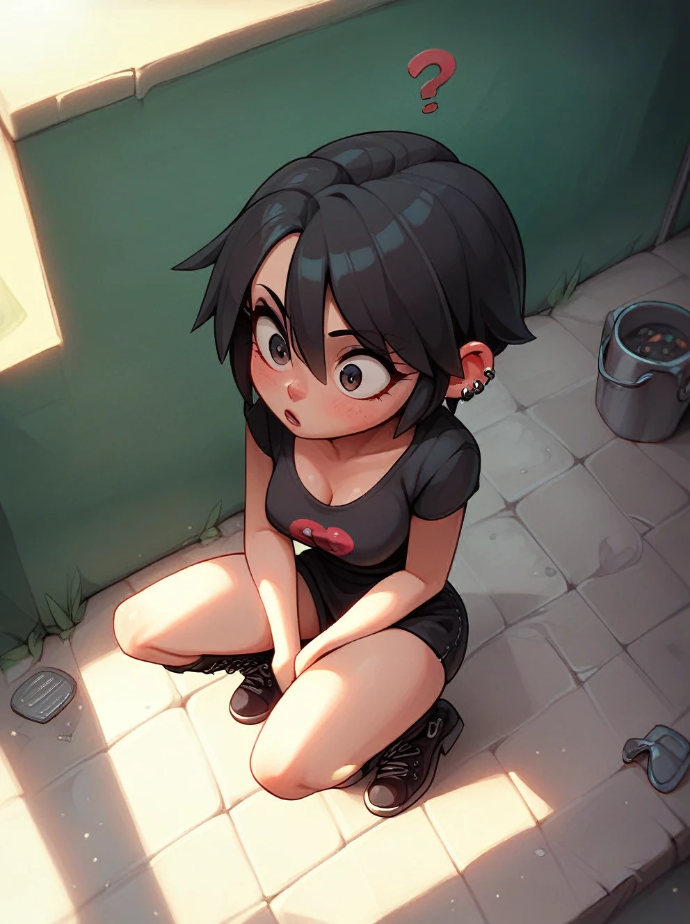 punctuation_9, punctuation_8_High above, punctuation_7_High above,punctuation_6_High above, punctuation_5_High above, 1 girl, fountain_アニメ, break, 1 girl, sexly, crouching on the floor, micro short, black mesh top, dark black hair, Eyes red, hair between the eyes, breasts small, few evil smiles, makeHigh above, fundo de graffiti punk beco urbano, black emo outfit, volumetric lighting, Black boots