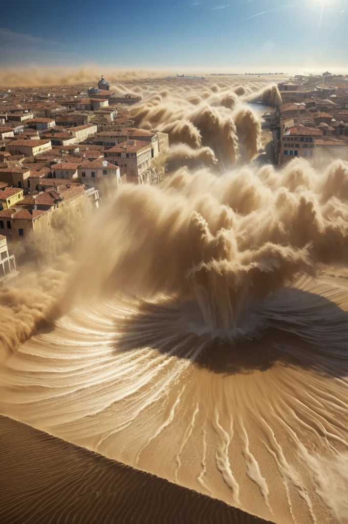 masterpiece, best quality, extremely detailed, hyperrealistic, photorealistic, the scene of venice, sandstorm:1.1, tornado:1.1, vortex, wave, aerial view shot, giant sand fountain
