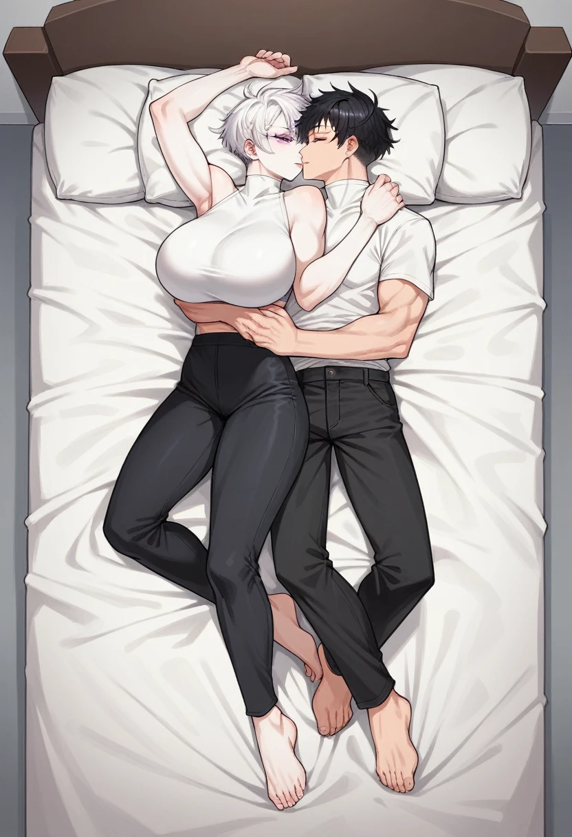 1 girl, short, pixie cut, white hair, white eyelashes, purple eyes, Japanese, white skin, huge breast, full body, fit body, sexy, white turtleneck, black pants, 1 boy, long black hair, tall, red eyes, fit body, muscular, black pants, cuddling, passionate couple, husband and wife, in bed, tall boy and short girl 