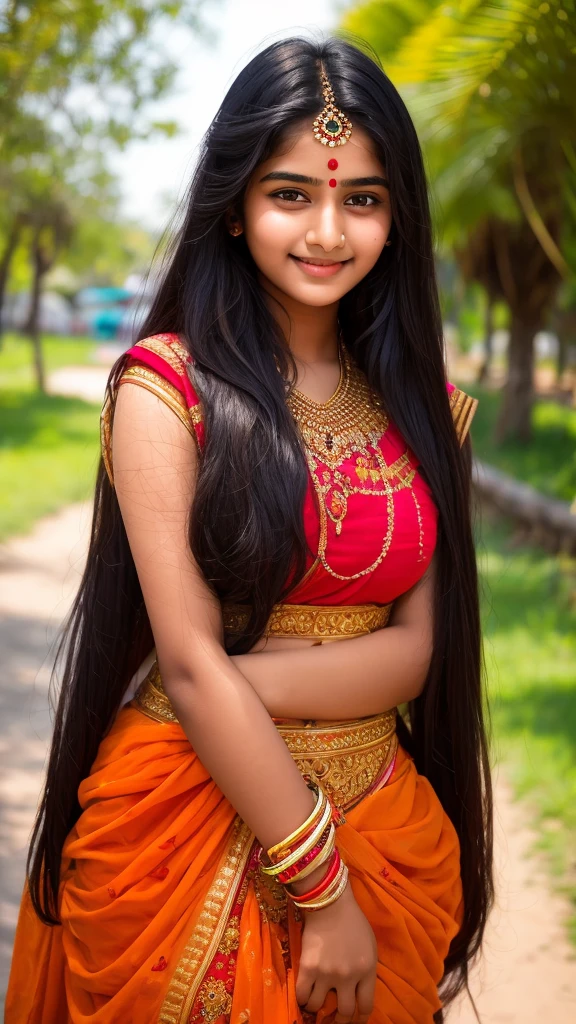 beautiful cute young attractive indian teenage girl, village girl, 18 years old, cute, Instagram model, long black_hair, colorful hair, indian, huge big breasts, little smiling, smooth face very realistic