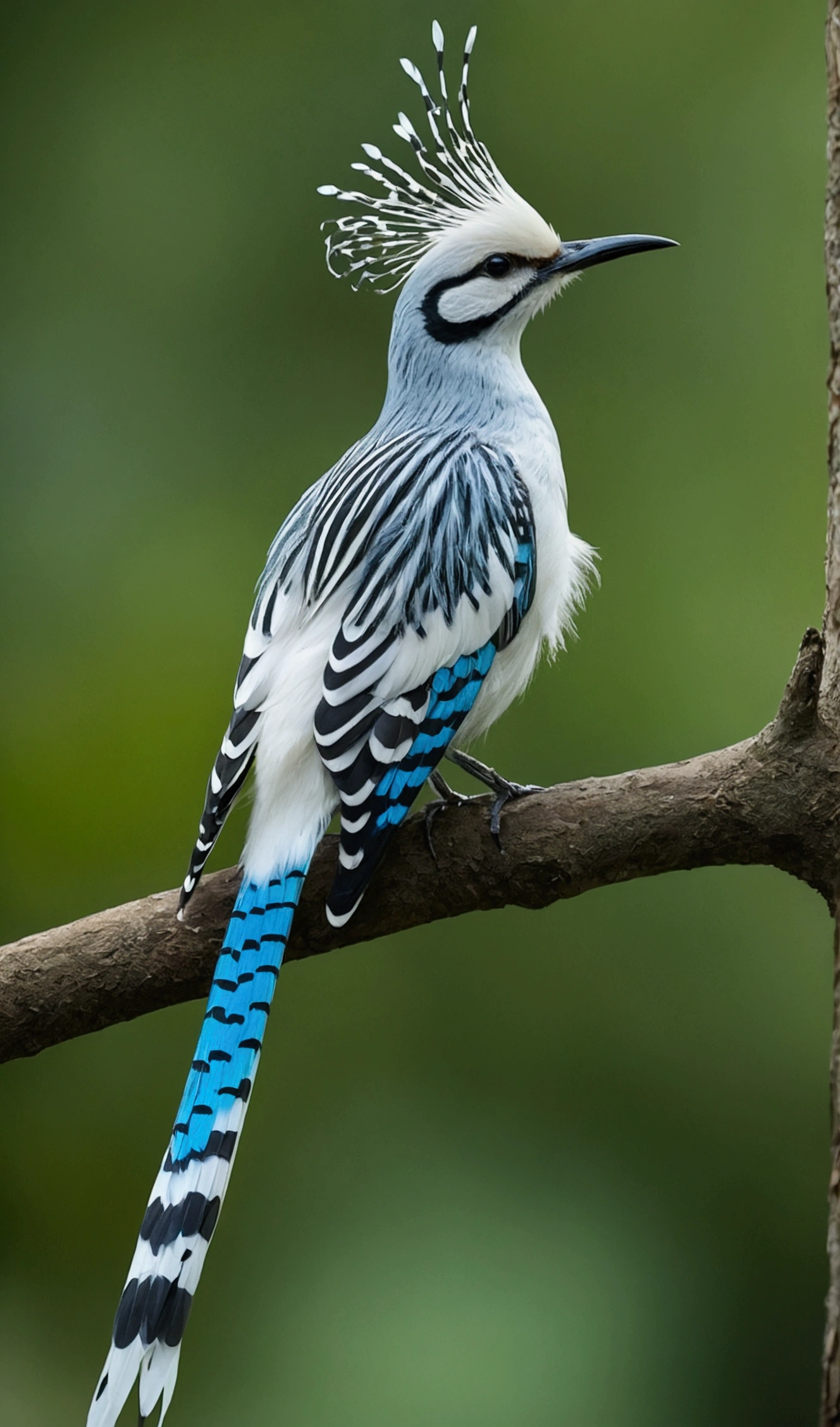 there is a large white, blue, mottled striped bird in a beautiful landscape in the background, rare bird, long tail, very beautiful and elegant, beautiful and elegant, long and elegant tail, captured on canon eos r 6, long tail, beautiful and graceful, long tails, by Sudip Roy, mischievous look, sitting on a curly branch, high quality nature photography