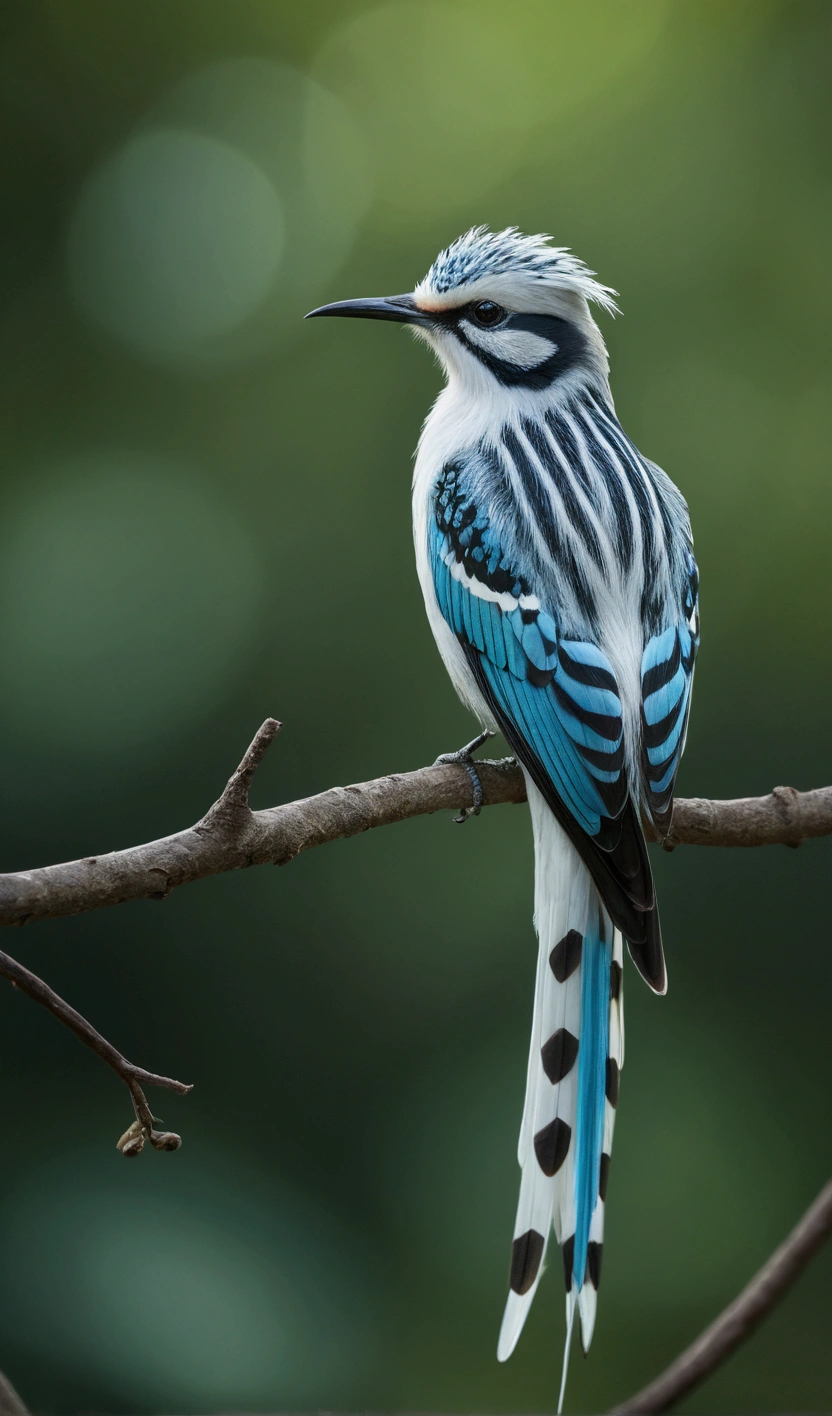 there is a large white, blue, mottled striped bird in a beautiful landscape in the background, rare bird, long tail, very beautiful and elegant, beautiful and elegant, long and elegant tail, captured on canon eos r 6, long tail, beautiful and graceful, long tails, by Sudip Roy, mischievous look, sitting on a curly branch, high quality nature photography