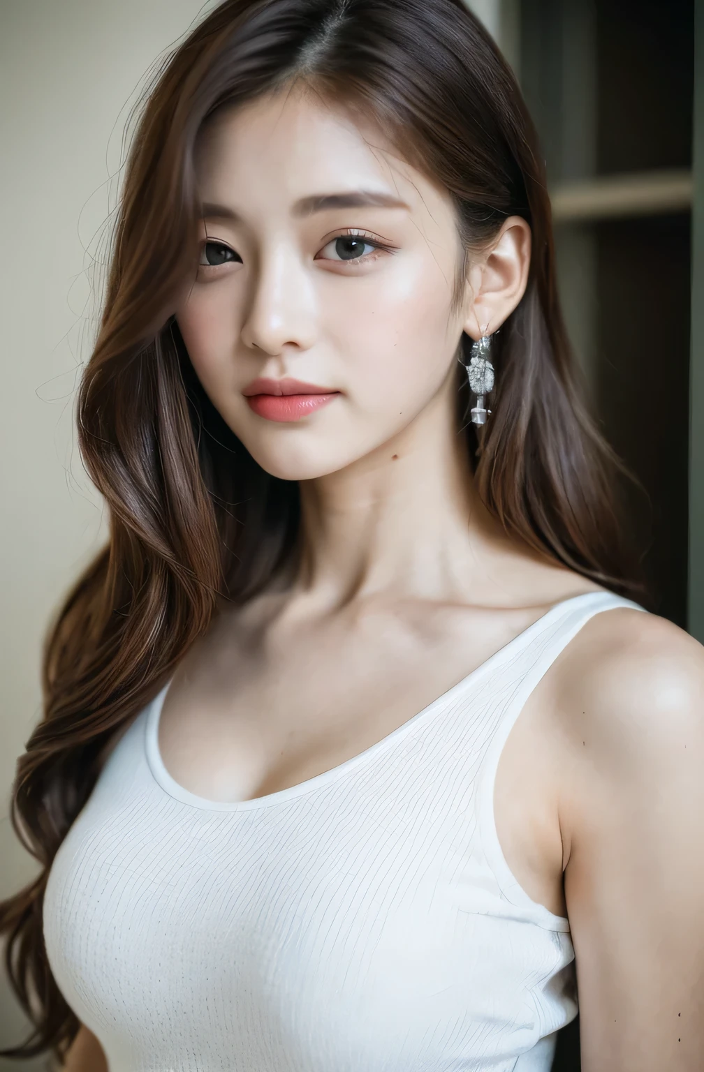 ((Highest quality, 8k, masterpiece :1.3)), One girl, Beautiful woman with slim abdominal muscles :1.3, (Random Hairstyles, Huge breasts :1.2), Casual clothing :1.2, indoor, Highly detailed face, Fine grain, double eyelid