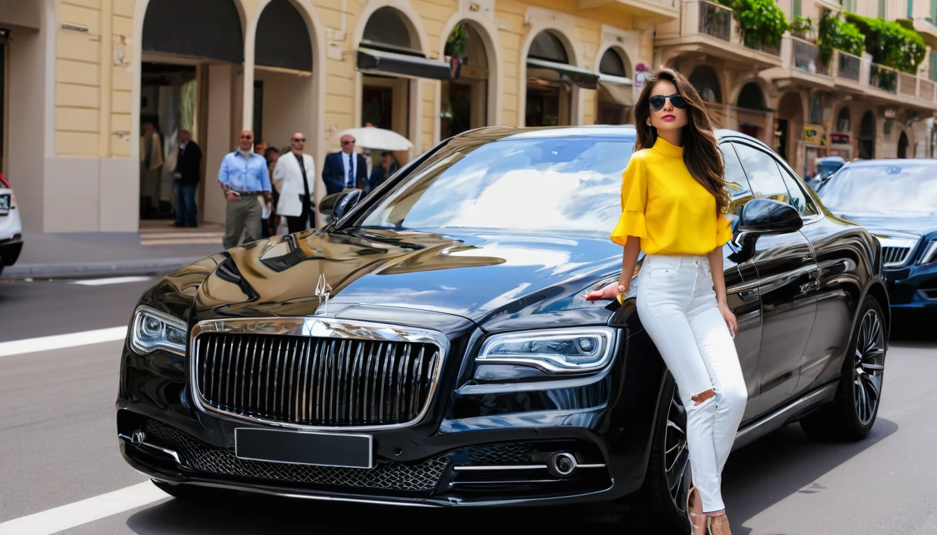 beautiful girl dressed casually with style, driving a luxury car on the streets of Monaco